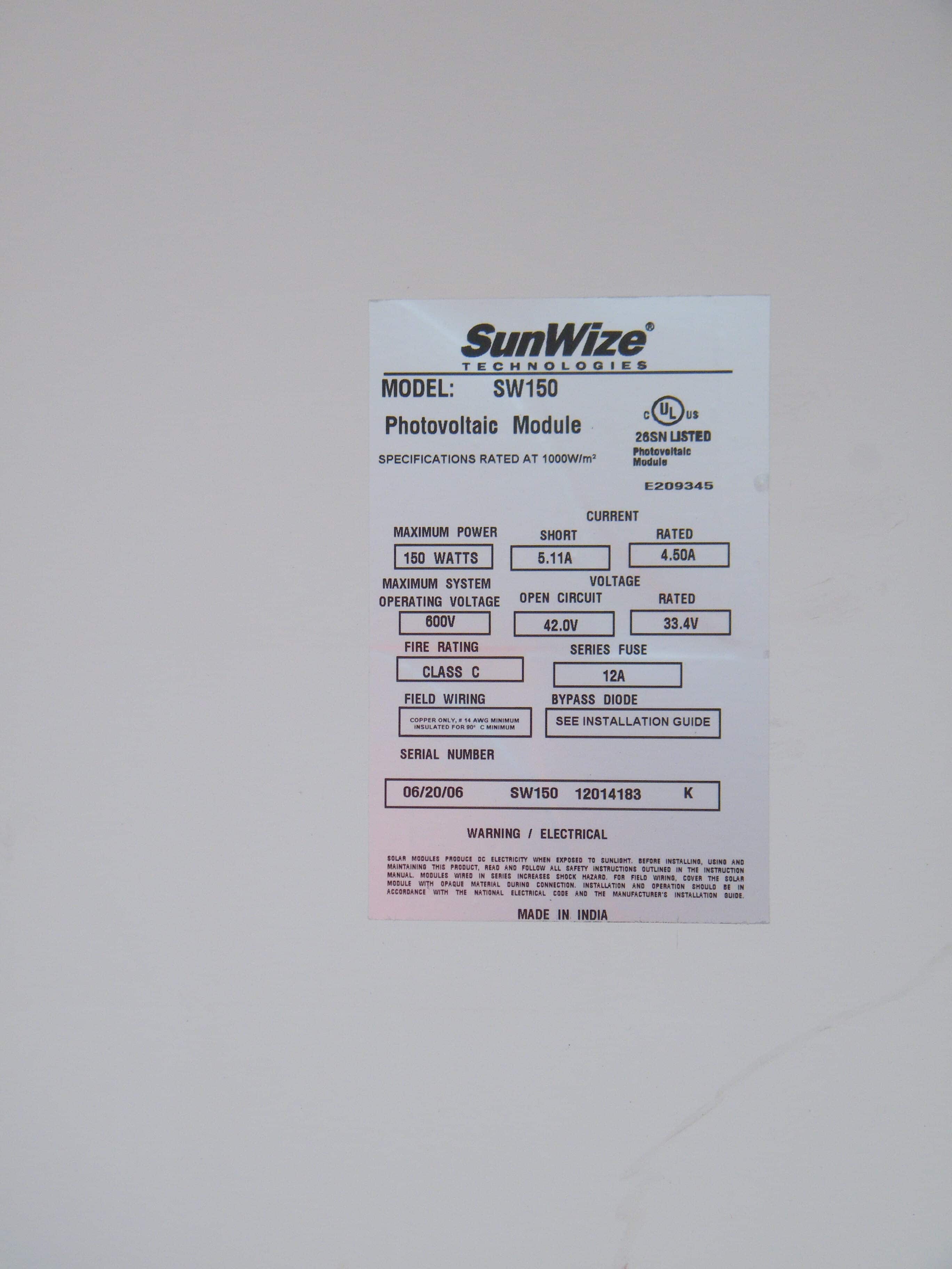 2 Sun Wize SW 150 solar panels
