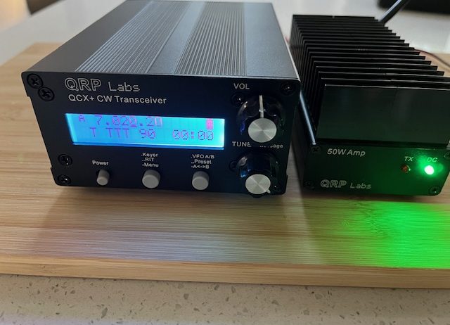 QRP Labs 20M QCX+ transceiver with matching 50 W QRP Labs amp