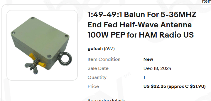 Sale Pending payment: 49:1 balun transformer for EFHW antenna 100 Watts