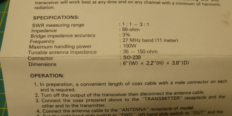 JANA HJ-8021 “CB” COMBINATION SWR METER & ANTENNA MATCHER